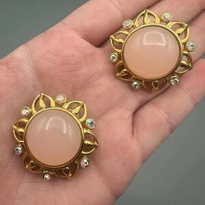 80s Signed VTG Trifari TM Pink Cabochon AB Rhinestone Gold Tone Clip On Earrings
